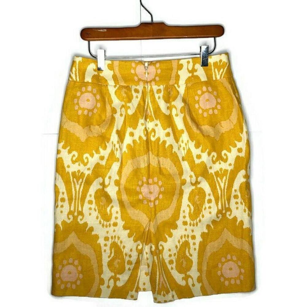 J Crew Patterned Pencil Skirt Yellow 100% Linen Pockets Kick Pleat Knee Length 2 - Picture 2 of 8